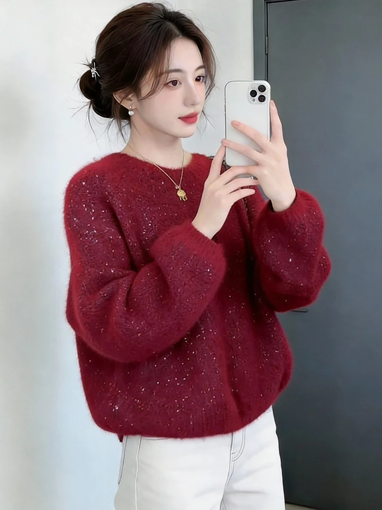 

Женский вязаный свитер с пайетками, круглый вырез, мягкий, уютный, весенний, новый, антивозрастной, модный, удобный для повседневной носки, с длинными рукавами