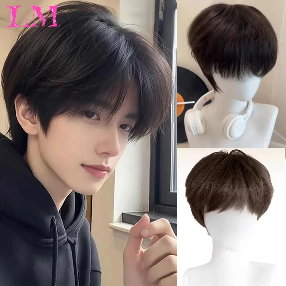 LM Synthetic Wig With Bangs Boys Wig Straight Layered Straight Wigs Fiber Heat-resistant Party or Selfie