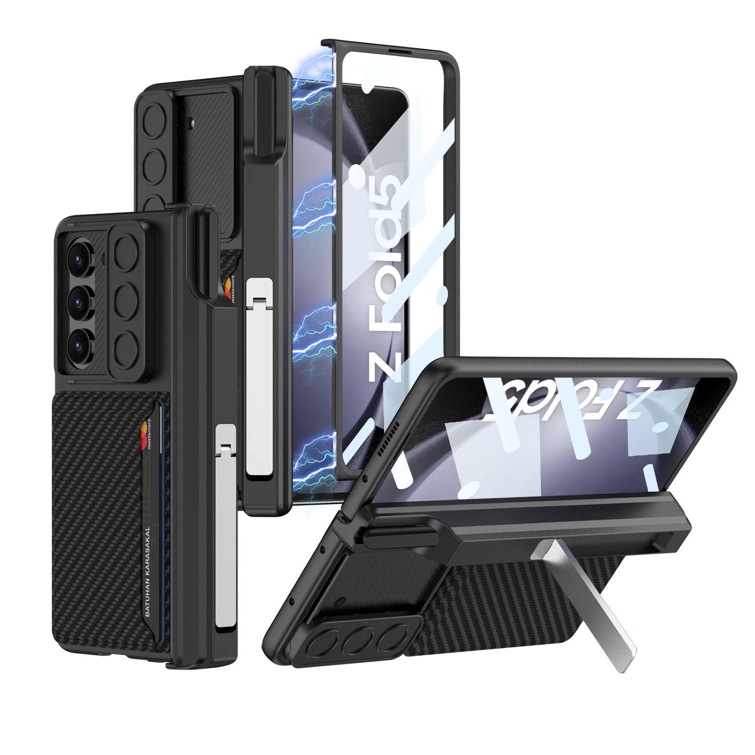 For Samsung Galaxy Z Fold 5 Case Slide Lens Matte Magnetic Hinge Pen Holder Kickstand Card Bag Tempered Film Shockproof Cover