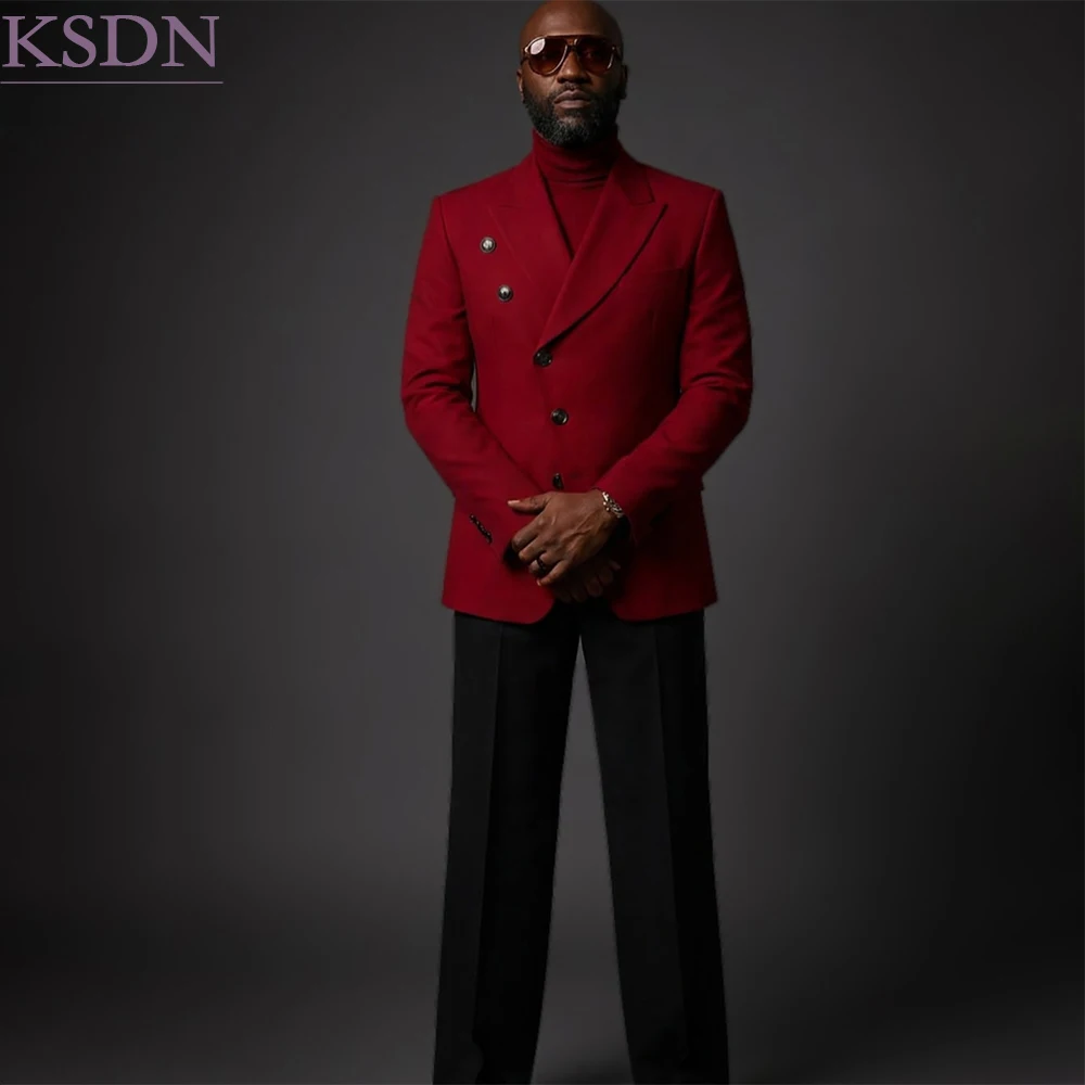 Fashion Dinner Men's Suits 2 Piece Jacket Pants Formal Red Jacket With Black Pants Sets Chic Customized Prom Male Clothing
