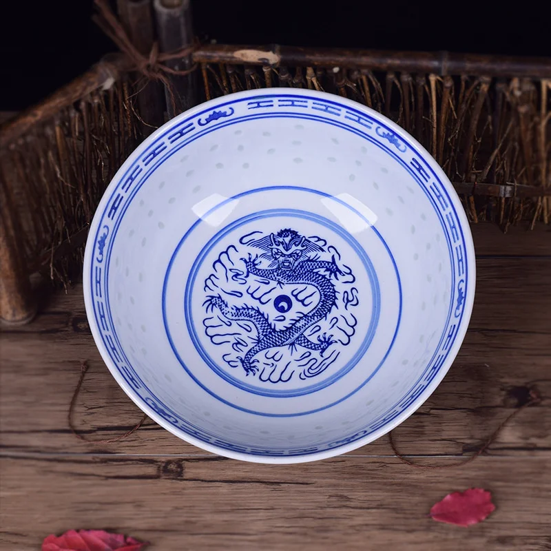 Ceramic Tableware Blue And White Porcelain Ramen Soup Bowl Chinese Rice Bowls Dragon Pattern Vintage Dinnerware