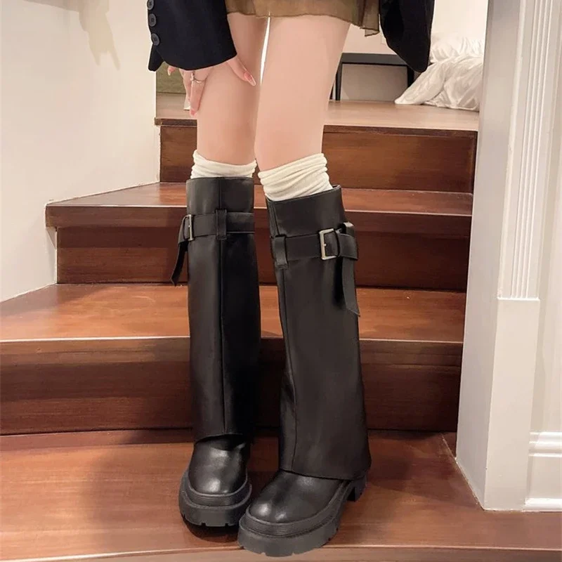 Belt Buckle Round Toe Knee High Women Boots Thick Sole Chunky Heels Black Slip On Fashion Concise Elegant Western Female Shoes