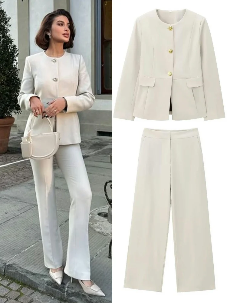 

Elegant Commute Women's Two-piece Set Fashion Round Neck Single Breasted Long Sleeve Jacket Tops Women Slim Fit Pants Sets