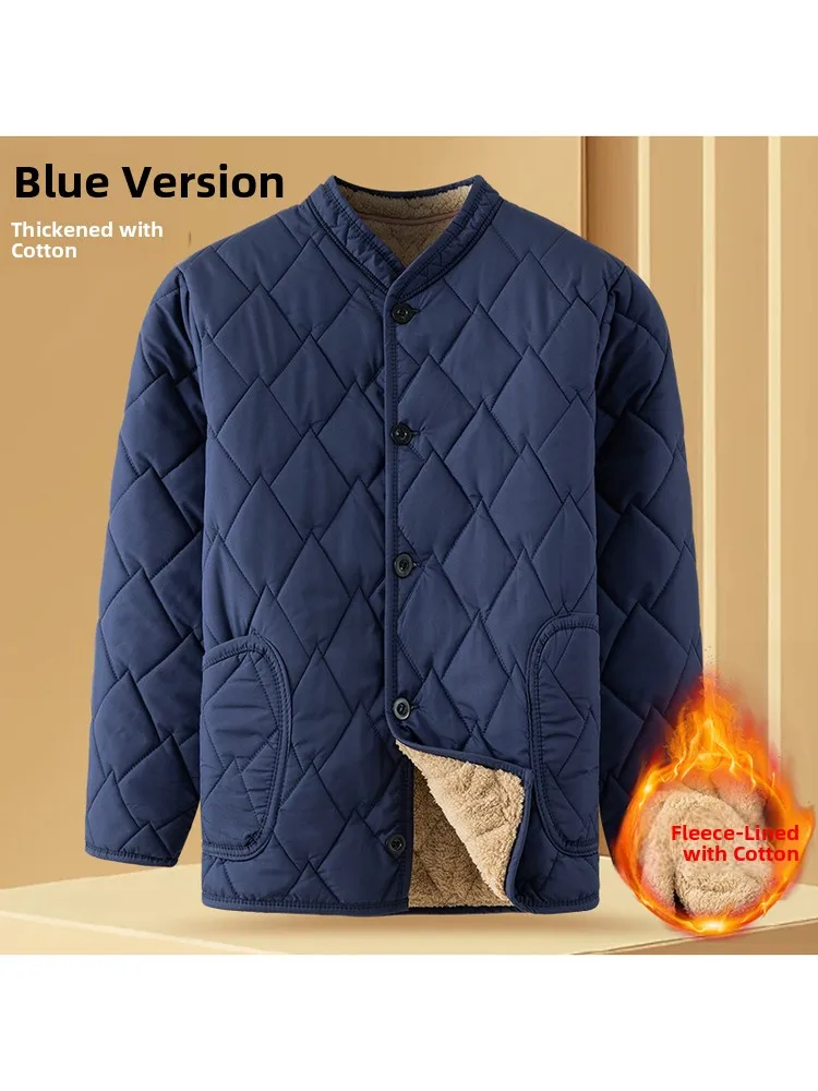 

Теплый хлопковый жакет из бархатного ягненка для мужчин среднего возраста и лет с теплым воротником-стойкой и пуговицами, хлопковая одежда, зимняя...