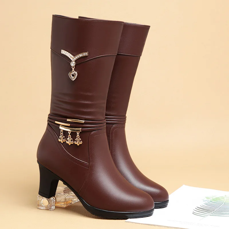 Botas médias de lã confortáveis para mulheres, novo estilo, salto grosso, zíper lateral, salto alto pontudo, moda elegante, outono e inverno