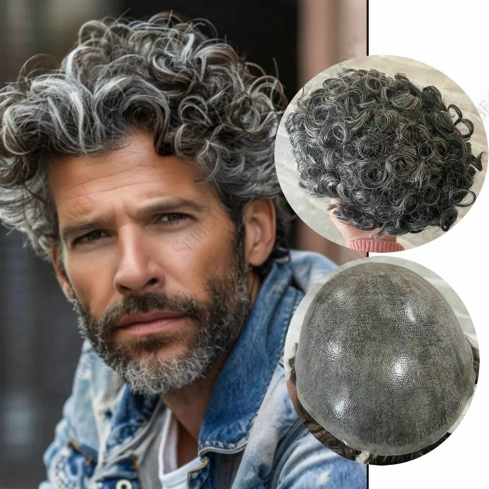 

Мужские серые волосы, 20 мм, вьющиеся мужские парики, человеческие волосы, супер прочный, полный парик из искусственной кожи, мужской капиллярный протез, система замены волос