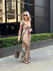 Chic Print Bodycon Long Dress For Women Fashion Long Sleeve V-neck Maxi Dresses 2024 Summer Lady Vacation Street Robes