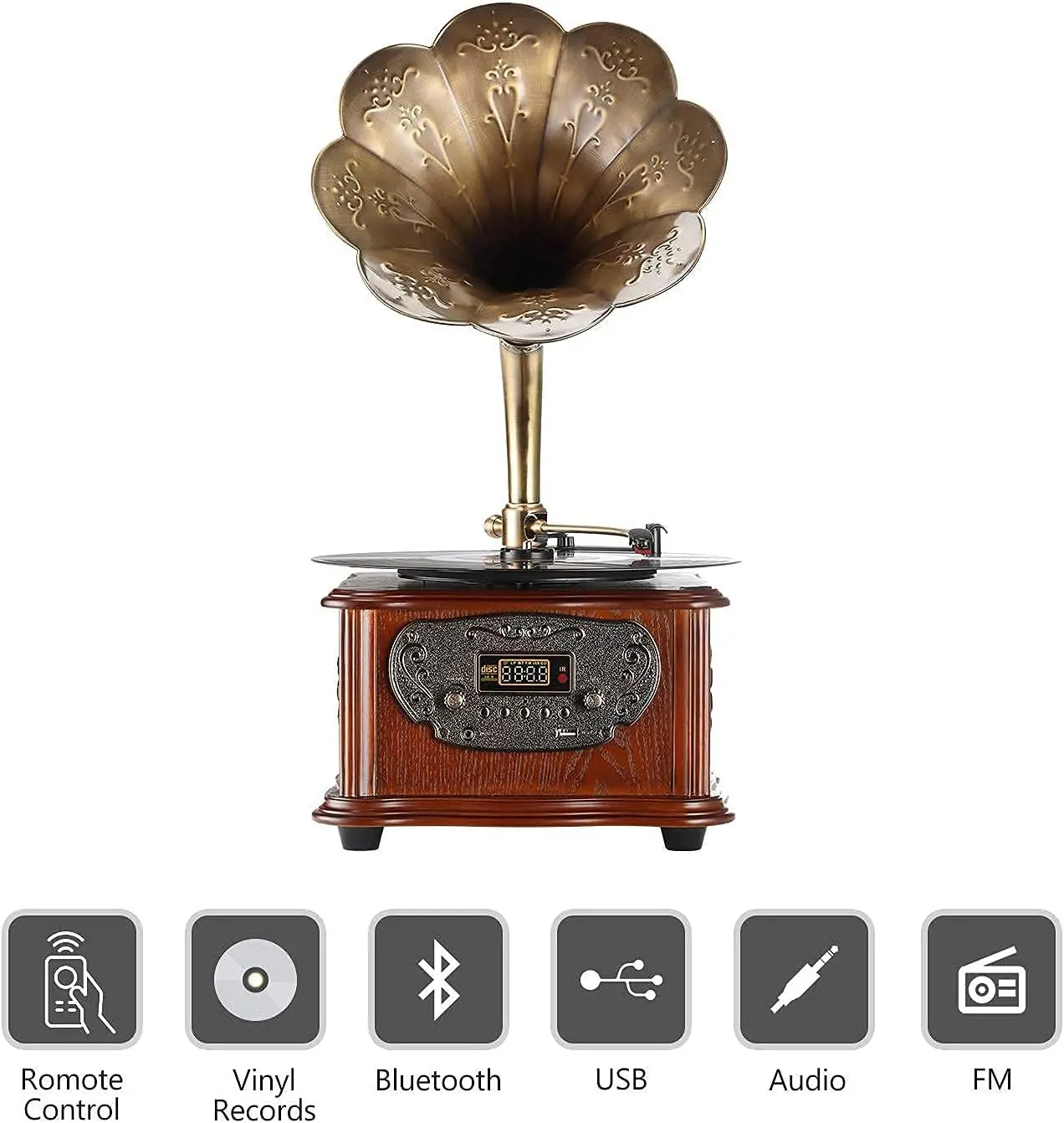 One Vintage Phonograph Gramophone for LP with Copper Horn, Built-in Speaker