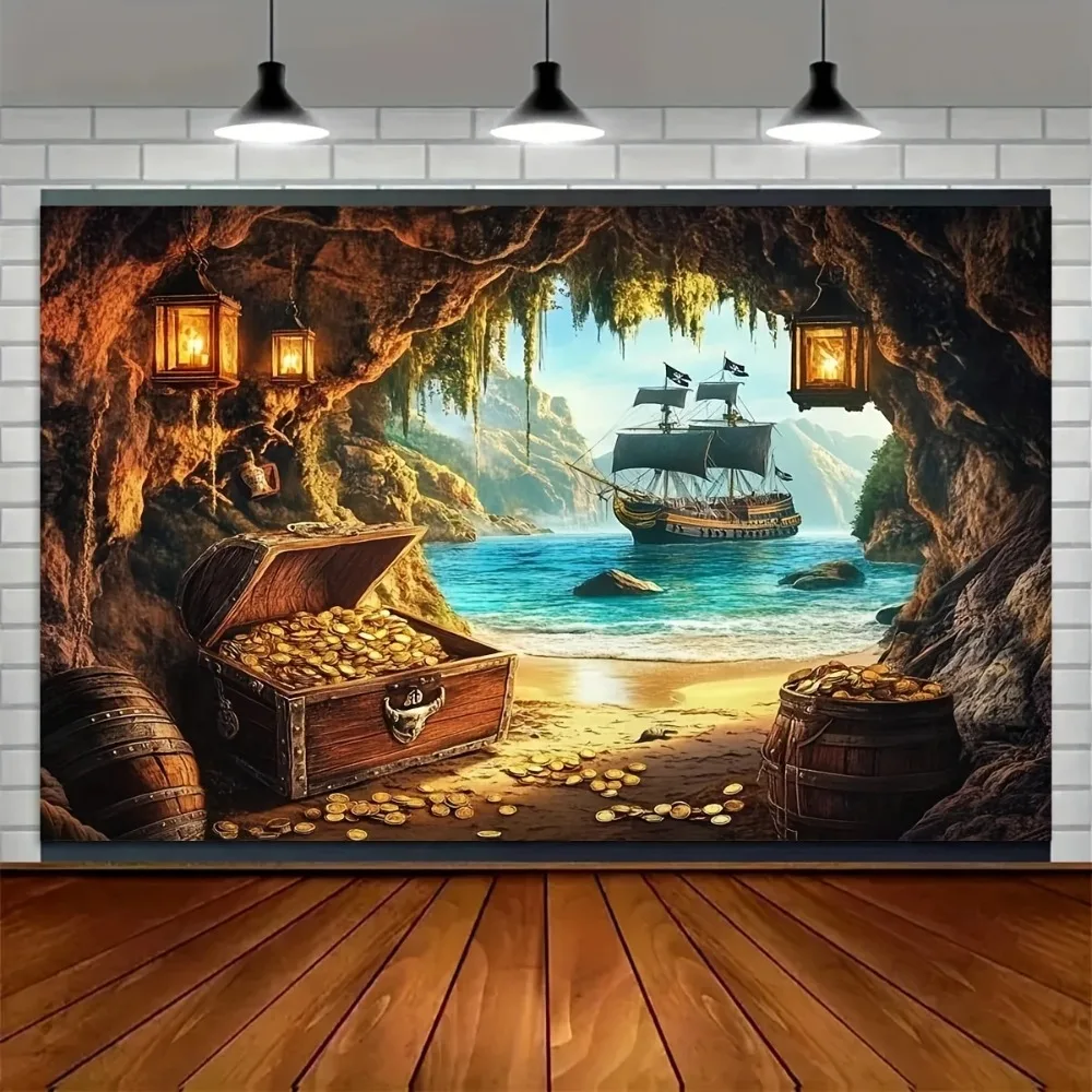 Adventure Pirate Ship Cave Treasure Banner Background, Children's Boy Birthday Party, Home Decoration Photography Backdrop Cloth