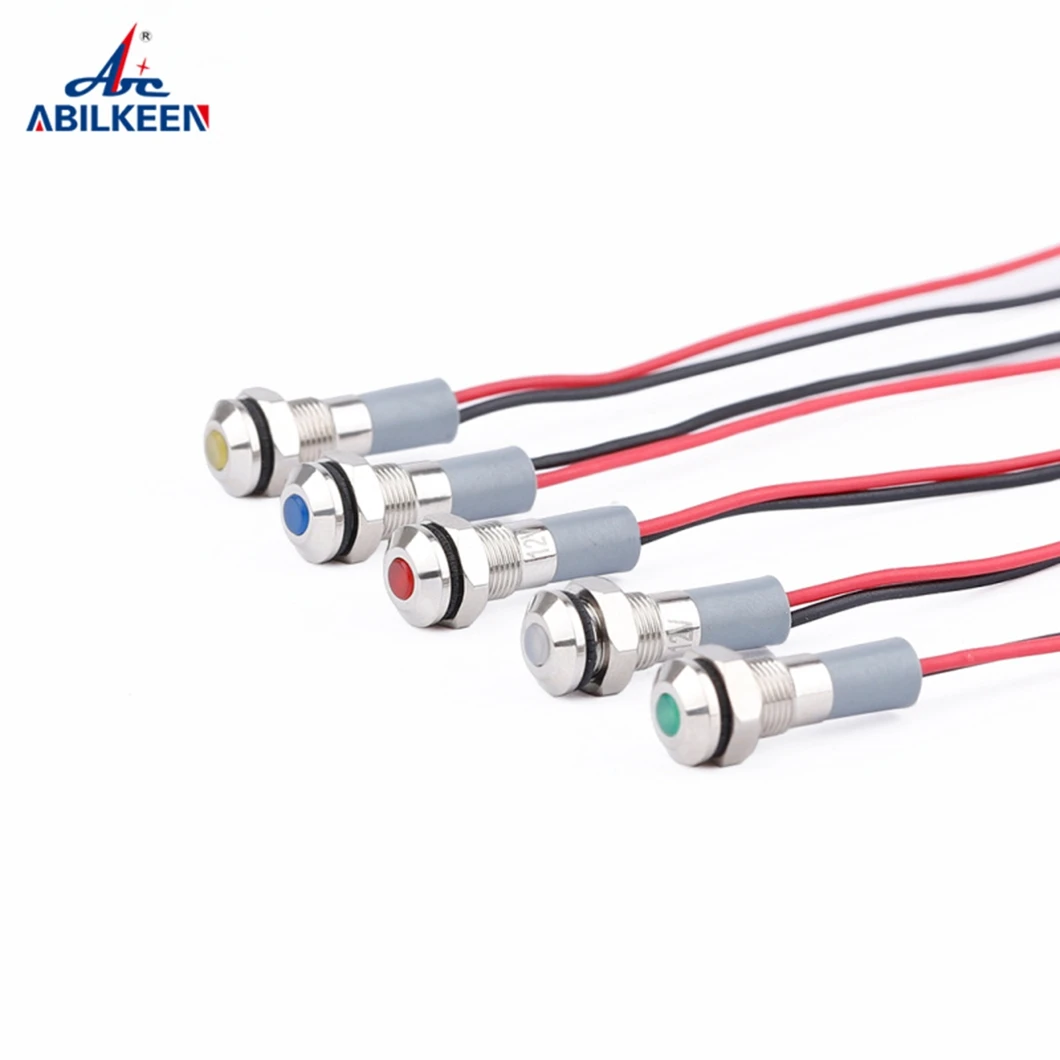 ABILKEEN 20PCS IB6A-FX-D 6MM Flat Head Metal Indicator Light DC3-6V/12-24V AC110V AC220V Industrial Pilot Lamp with 150MM Cable