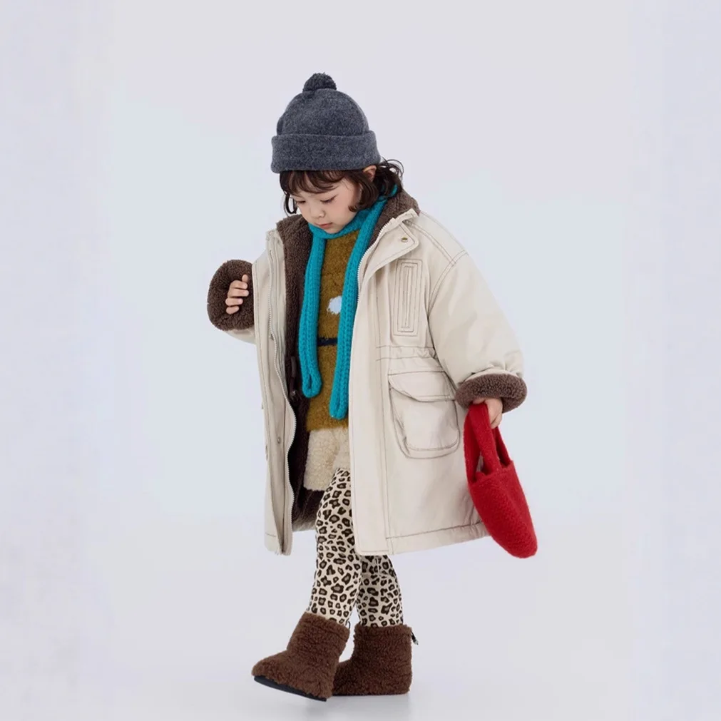 

Toddler Girls Solid Parkas Stand Collar Thicken Kids Girls Warm Knee Length Coat New Winter Fleece Little Girls Cargo Jacket