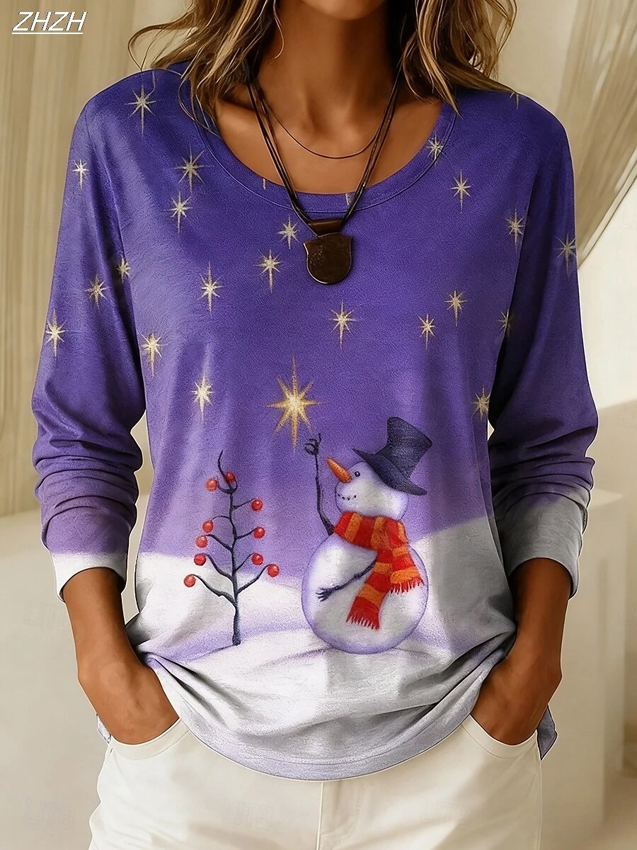 

Рождественская женская футболка с графическим снеговиком, винтажная мода, стильные топы с длинными рукавами и круглым вырезом, повседневная одежда с принтом, осень-зима