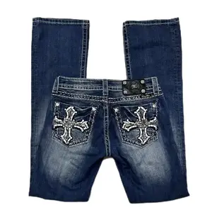 Y2K pantalones vaqueros goticos Retro Miss Me con corte de bota para mujer vaqueros azules bordados con bolsillo cruzado Hip Hop Harajuku pantalones anchos ropa de calle AliExpress
