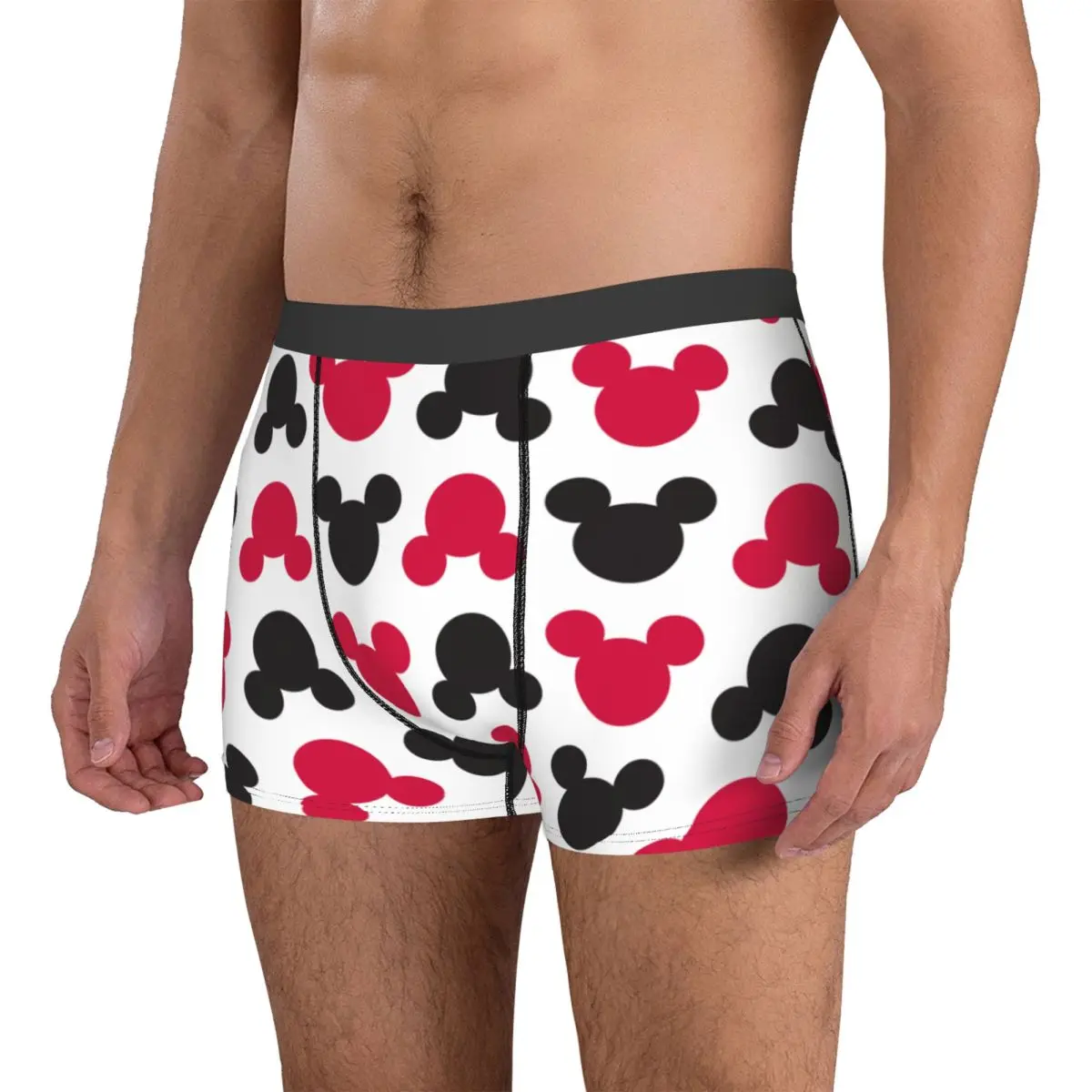 Engraçado Mickey Mouse Boxer padrão preto e vermelho, cuecas macias para homens, shorts, calcinhas, cuecas, roupas íntimas