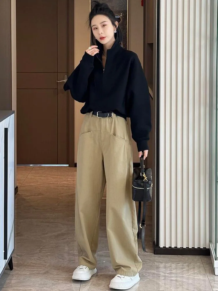 เสื้อสเวตเตอร์คอสูงสีพื้นเรียบง่ายไม่ซ้ำใครสำหรับผู้หญิง แฟชั่นฤดูใบไม้ผลิและฤดูใบไม้ร่วง เสื้อคลุมอเนกประสงค์ทรงหลวมยาว