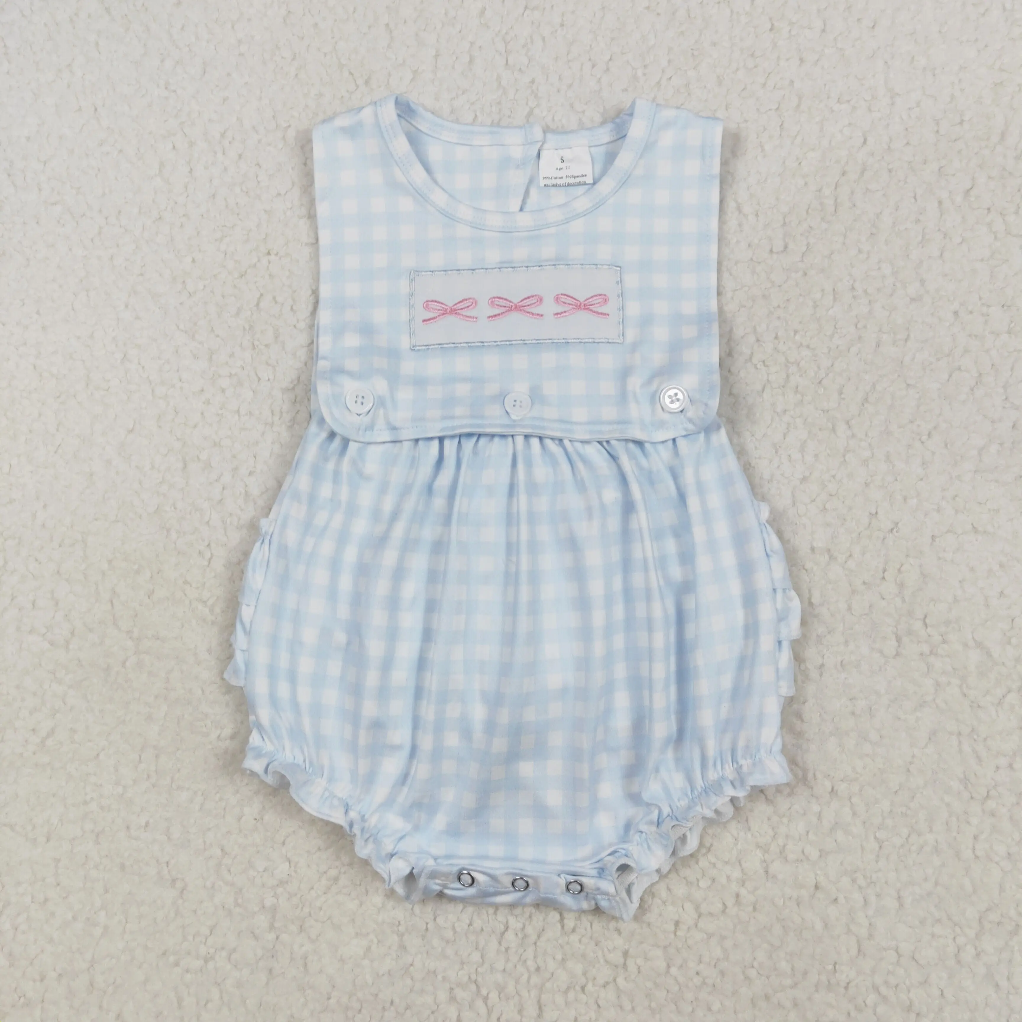 New rts baby girls summer romper wholesale boutique embroidered pink bow blue plaid vest girls onesie