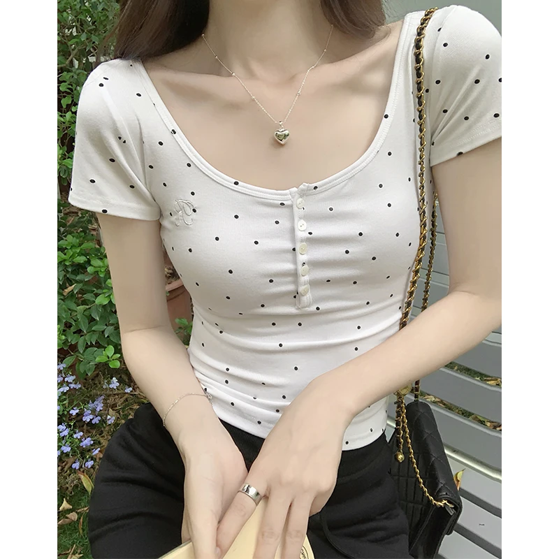 Polka Dot Print Short Sleeve Women T-shirts Button Half Open Collar Sexy Slim Fit Crop Tops Summer Female Tight Tees Versatile