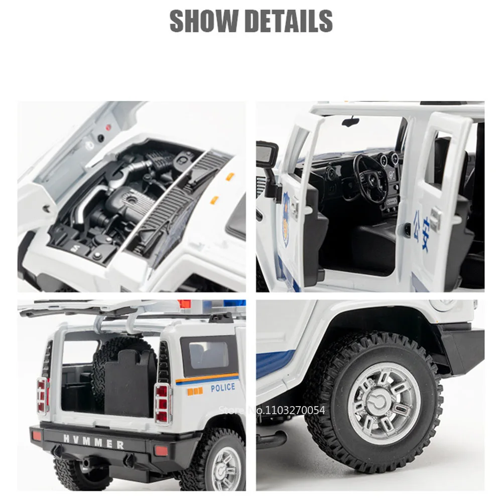 1/24 Hummer H2 Police Toy Model Car Alloy Diecast 6 Doors Opened Sound Light Pull Back Rubber Tire Off-road Vehicle for Kid Gift