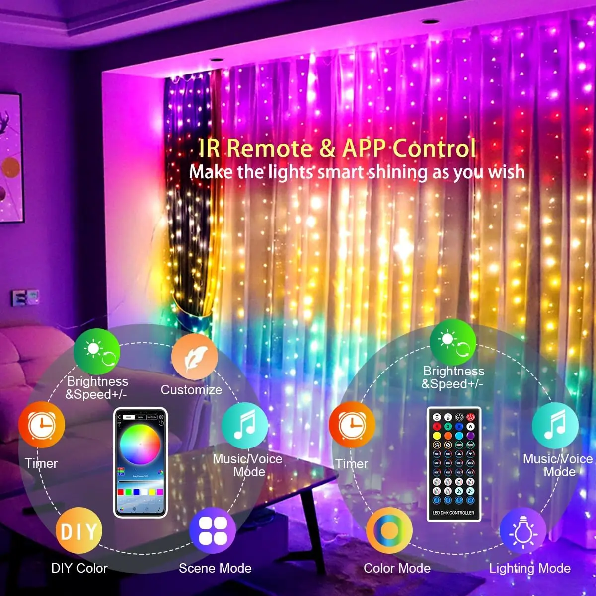 Smart LED DIY Curtain Lights with APP and Remote Control Background Wall Bedroom Decoration Light Christmas Halloween Decoration