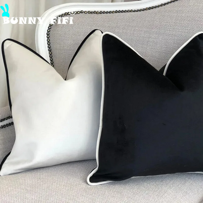 Velvet High Quality Black and White Hemming Pillowcase Simple Nordic Style Pillow Cases 50x50 Modern Light Luxury Cushions Cover