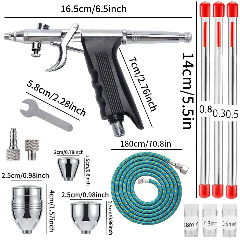 Airbrush Kit with Double Action Trigger Airbrush Gun 0.3/0.5/0.8mm Needles 2/5/13cc Paint Cups for Nails Cake Tattoo