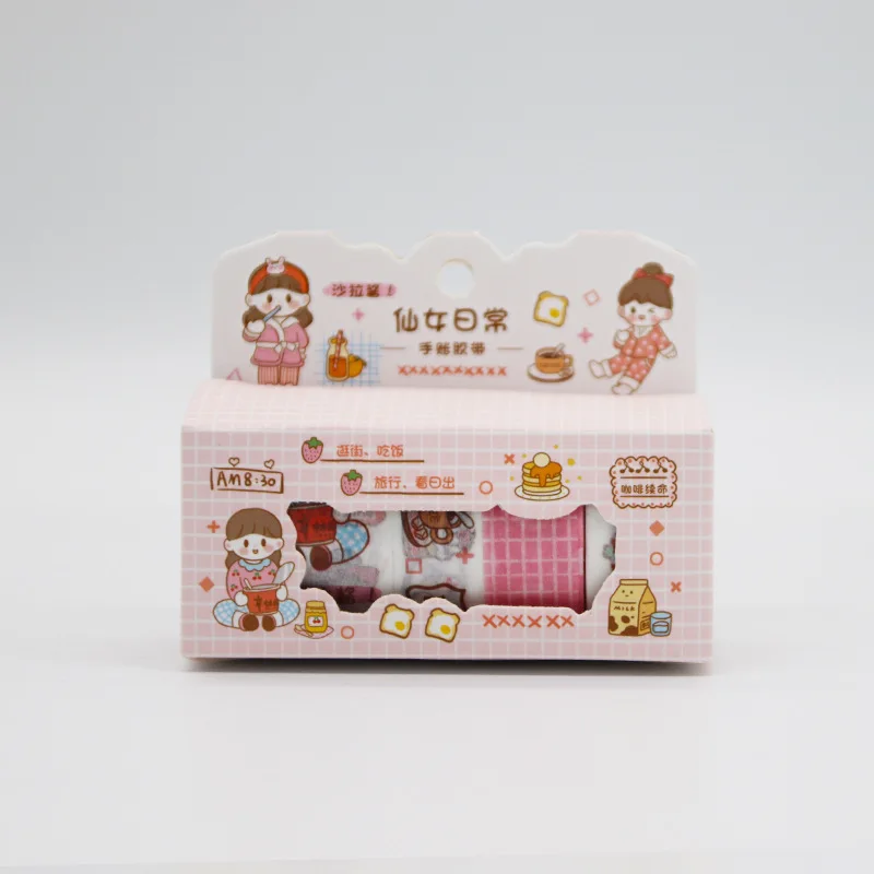 4 rolls New Cartoon and Paper Tape Gift Box Set Small Fresh DIY Decorative Sticker Sticker Note Handbook Tape