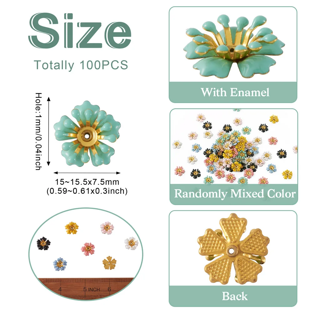 50/100pcs Brass Flower Bead Caps End Caps Charms ciondolo con smalto colore misto e strass per gioielli che fanno risultati fai da te