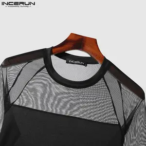 Incerun-Patchwork Men's Mesh O-Rescur Long-sleeved Bodysuit, Sexy Jumpsuit, Men's T-Shirts, Transparent Fitness Fashion, 2023 8 Main Men's Body Sales - №4