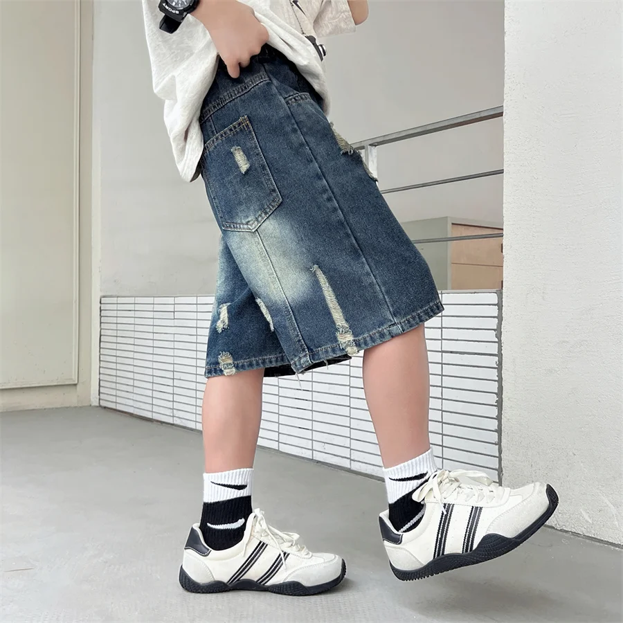 Stylish Kids Children Retro Blue Ripped Denim Shorts with Holes for Tween Boy Summer Knee Length Destroyed Jeans Capris Shorts