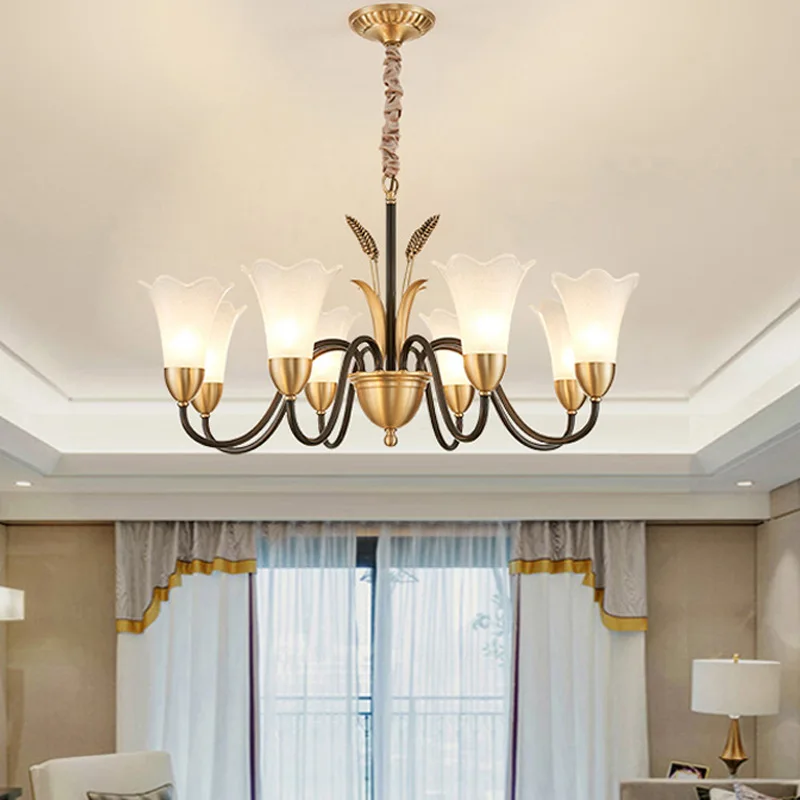 American Vintage Floral Copper Chandelier Lighting with Glass Cover for Dining Room Restaurant Hotel Project Decor lighting