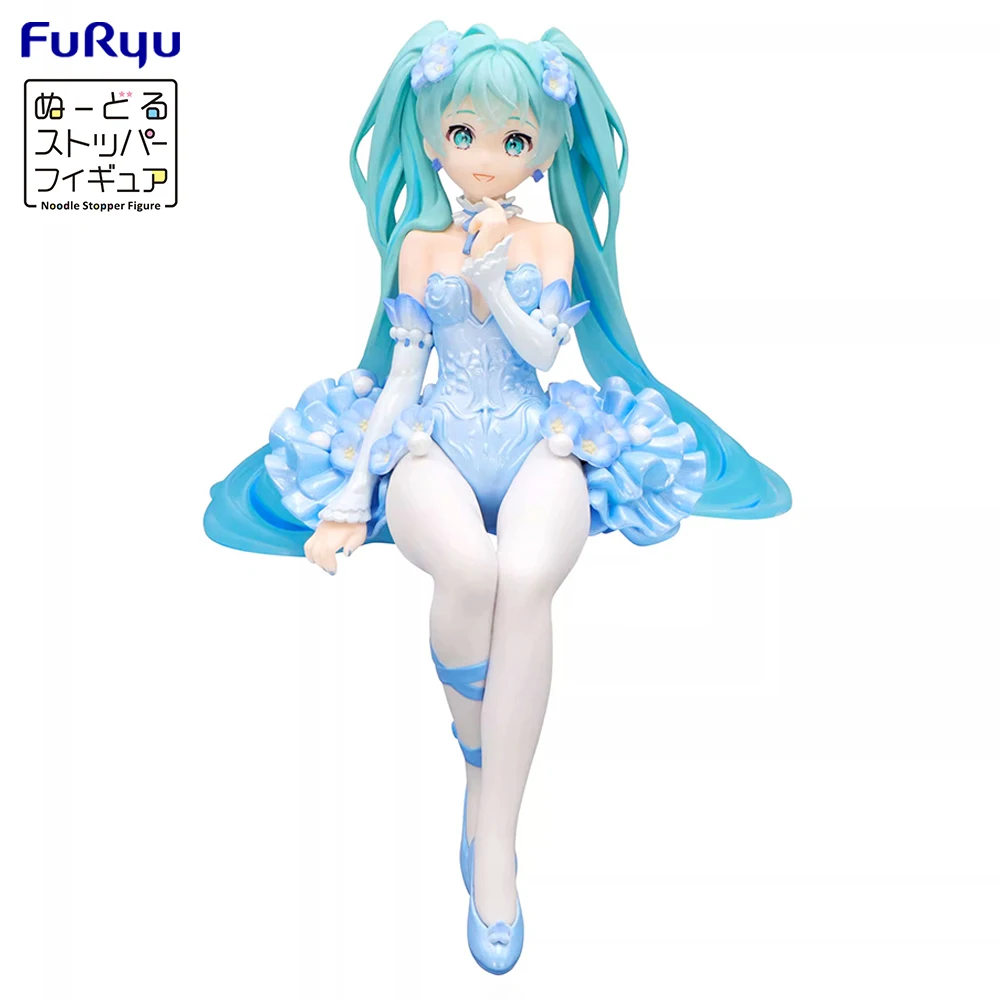 Original NEW FuRyu Noodle Stopper Figure Hatsune Miku (Flower Fairy Nemophila Pail Blue Color Ver.) 15cm Anime Model Gfit Toys