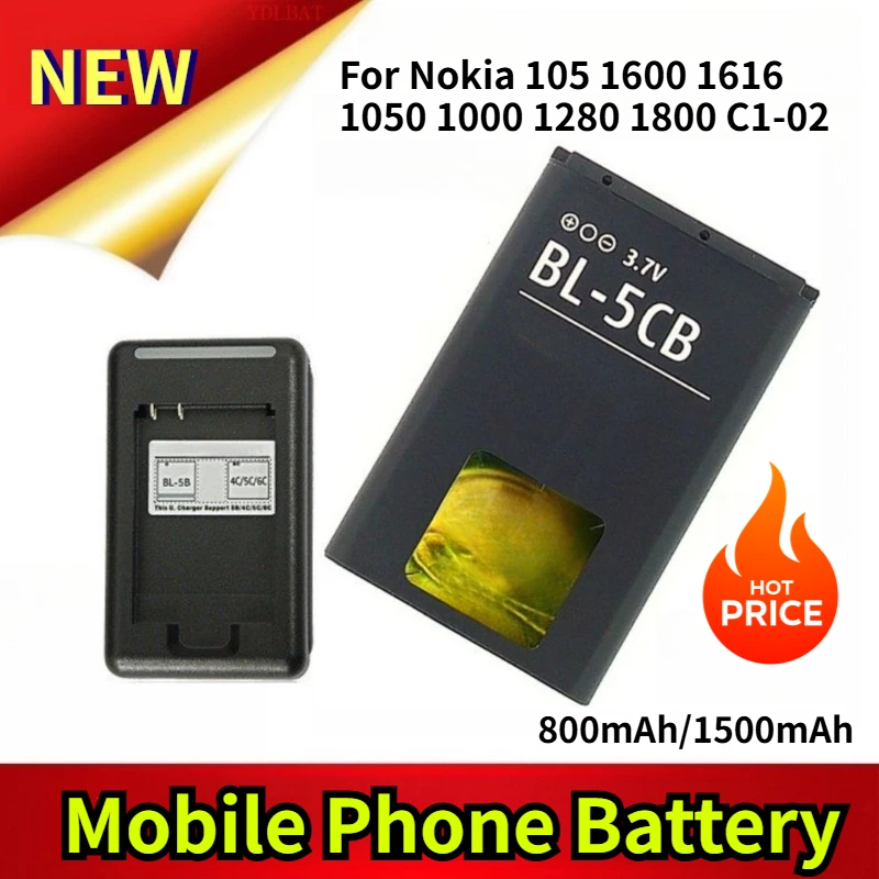 

800mAh/1500mAh BL-5CB Mobile Phone Battery for Nokia 105 1600 1616 1050 1000 1280 1800 C1-02 Include Charger