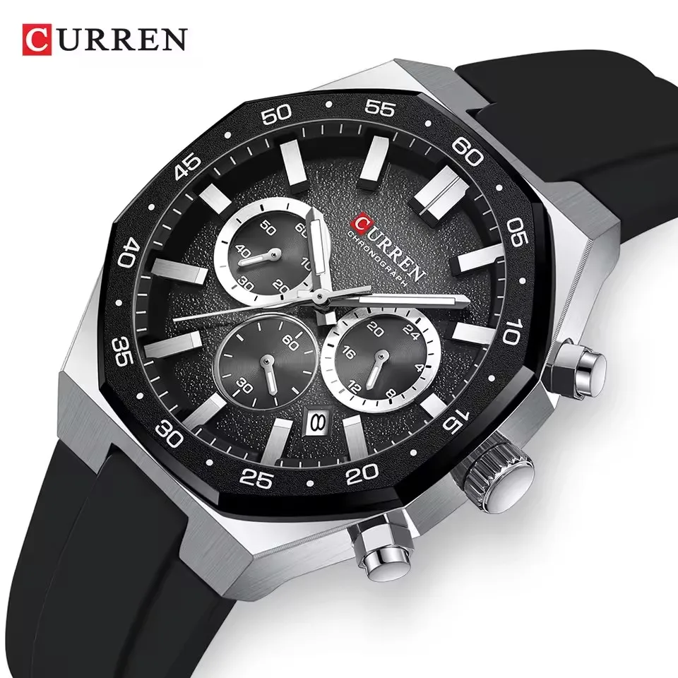 CURREN 8489 New Men's Chronograph Watch Silicone Waterproof Calendar Night Light 82g Lightweight Quartz Men's Watch reloj hombre