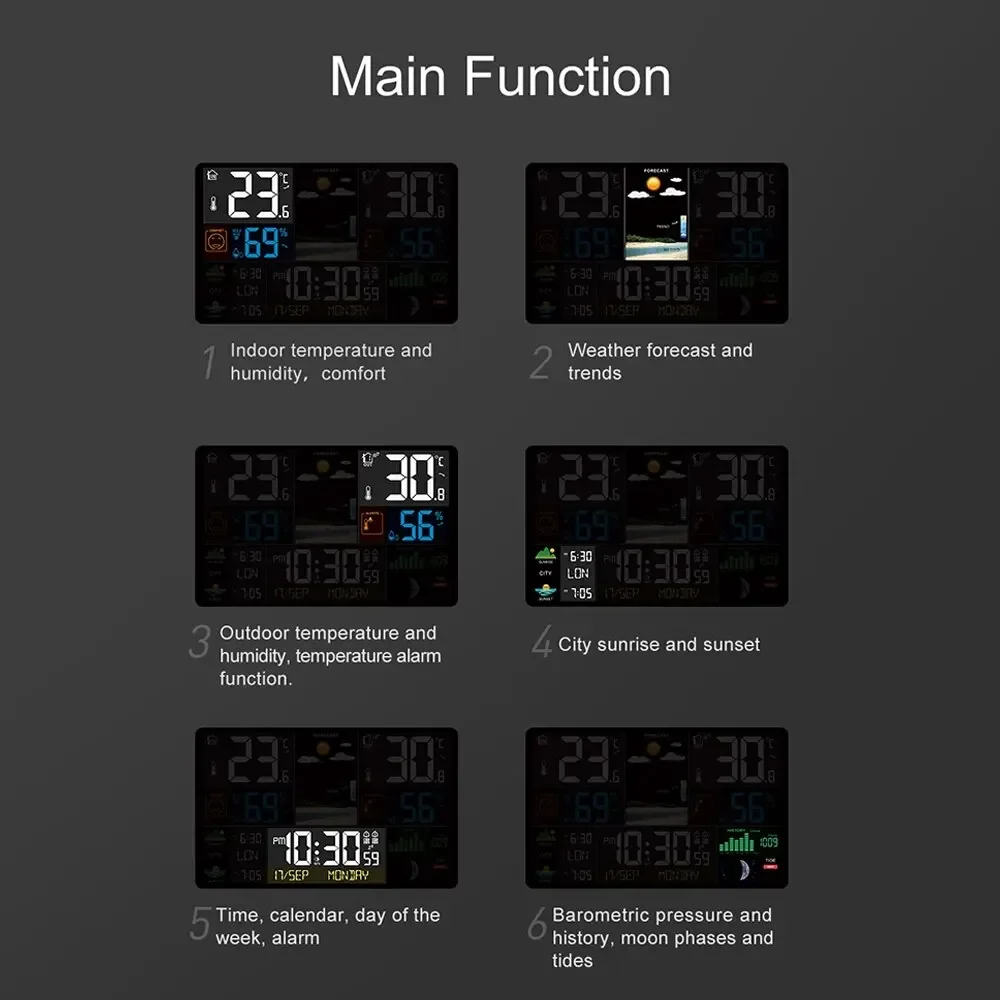 Multifunction Weather Station Alarm Clock Thermometer Hygrometer Touch Screen Wireless Sensor Sunrise Sunset Hygrothermograph