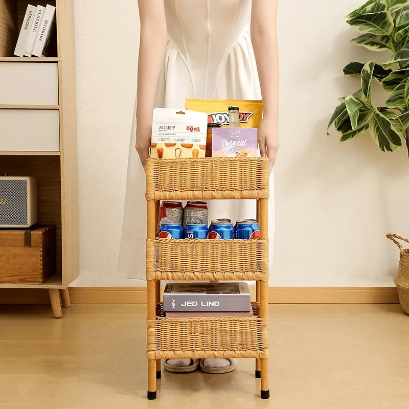Rattan Storage Rack Floor Standing 3-Tier Fixed Basket Shelf Handwoven Modern Minimalist Organizer for Living Room 3