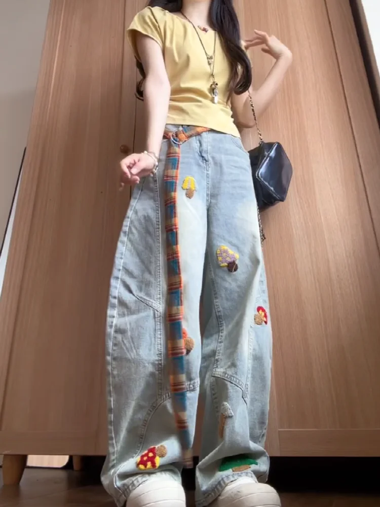 Sweet Cool Lazy American Style Cartoon Embroidery Loose Women's Jeans Summer New High Waist Knife  Wide Leg Denim Pants