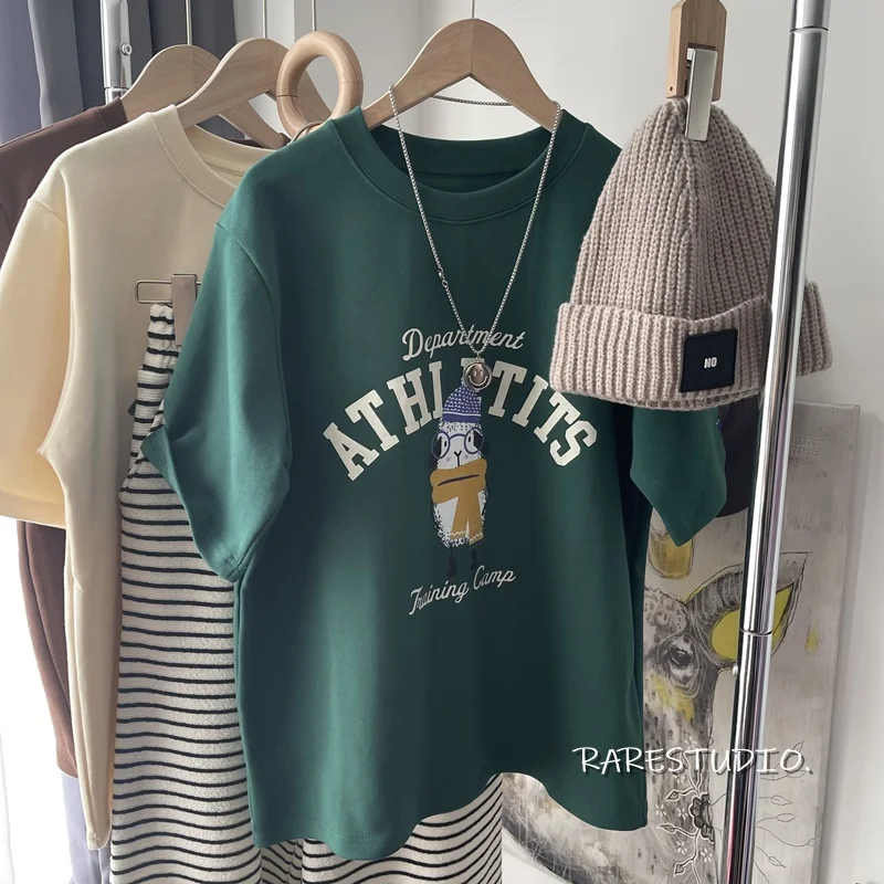 Retro Chic Hong Kong Sle Cartoon Pure Cotton ort Sve Women's T-irt Summer Design Oversize f Sve Top