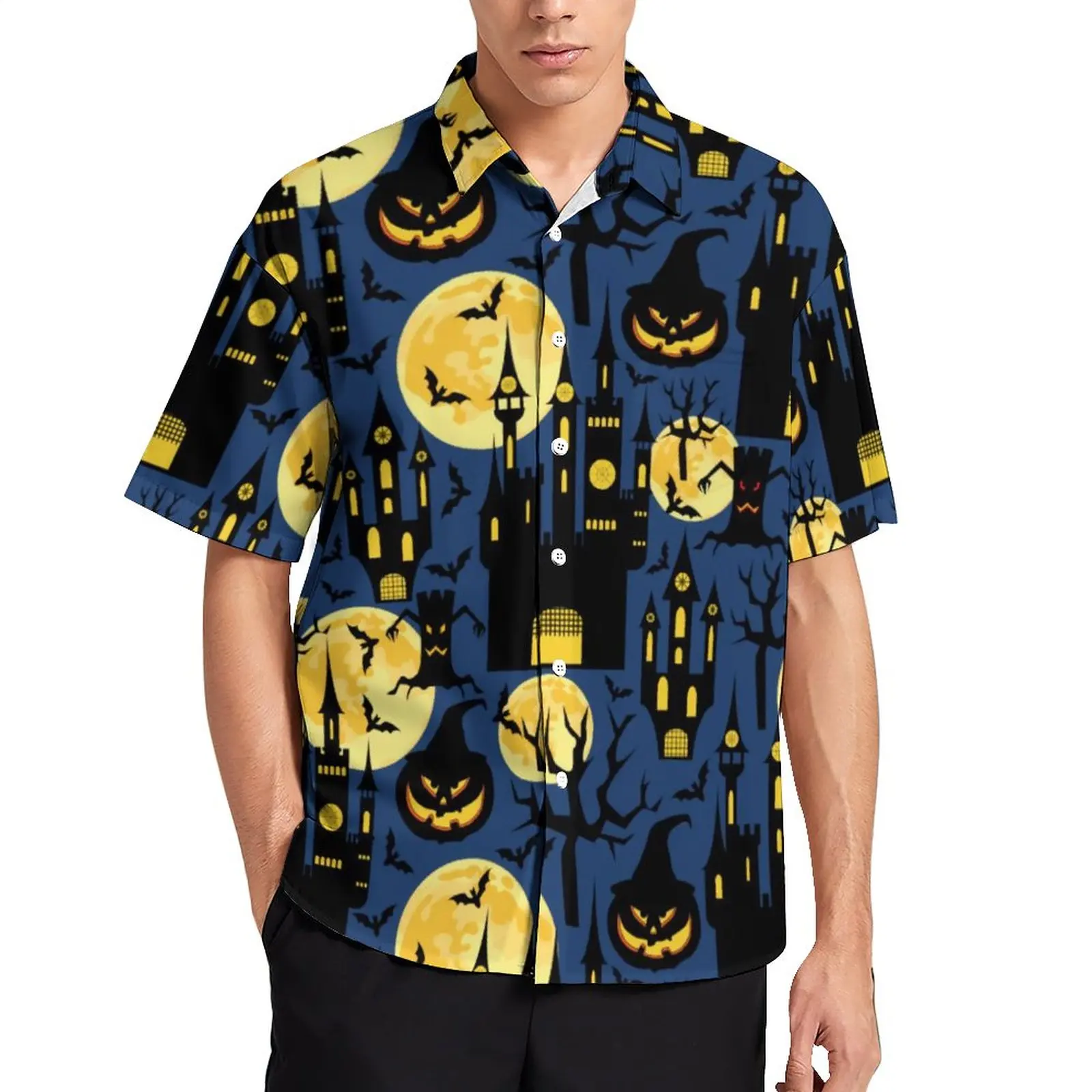 Spooky Halloween Casual Shirt Haunted House Bats Beach Loose Shirt Summer Streetwear Blouses Short Sleeves Design Oversize Tops