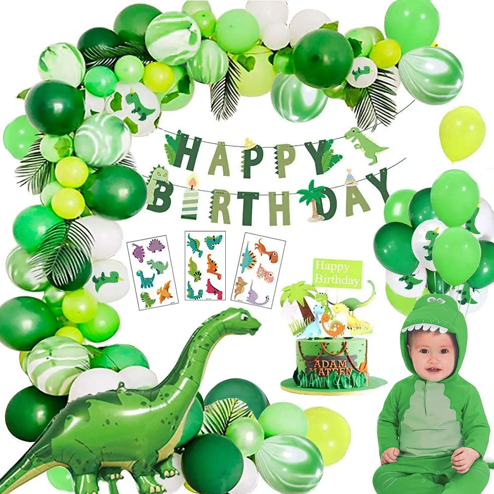 

Dinosaur Birthday Party Decorations for Kids Boy White Green Agate Latex Balloon Dino Happy Birthday Banner Cake Topper Sticker