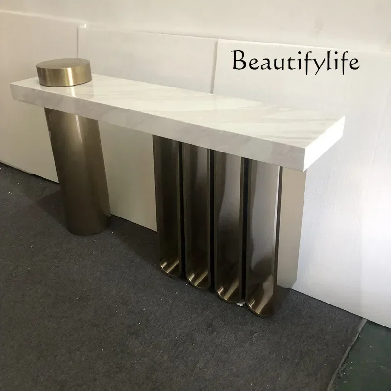 B4 Simple Marble Entrance Table Model Room Sofa Back Few Stainless Steel Strip Case Table End View Table