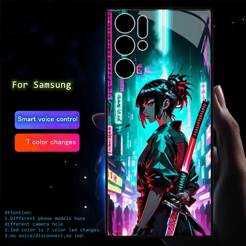 Anime Sword Gothic Girl LED Phone Shell For Samsung S24 S22 S23 Plus S21 FE S25 Ultra Z fold 7 6 5 4 A06 A17 A16 Luminous Cases