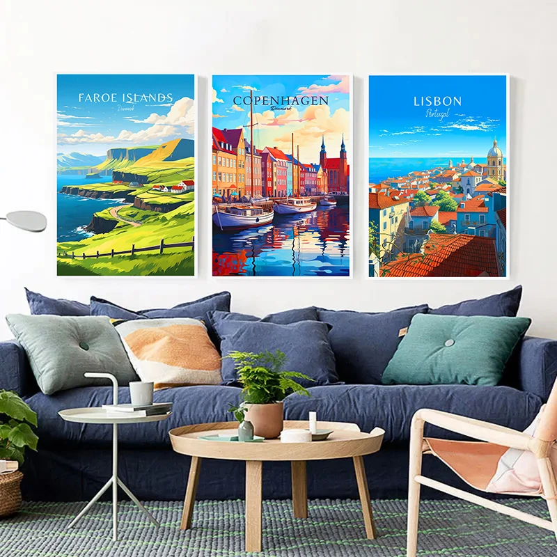 Denmark Portugal Holland Travel Poster Copenhagen Madeira Porto Canvas Painting Wall Art HD Picture for Living Room Home Decor