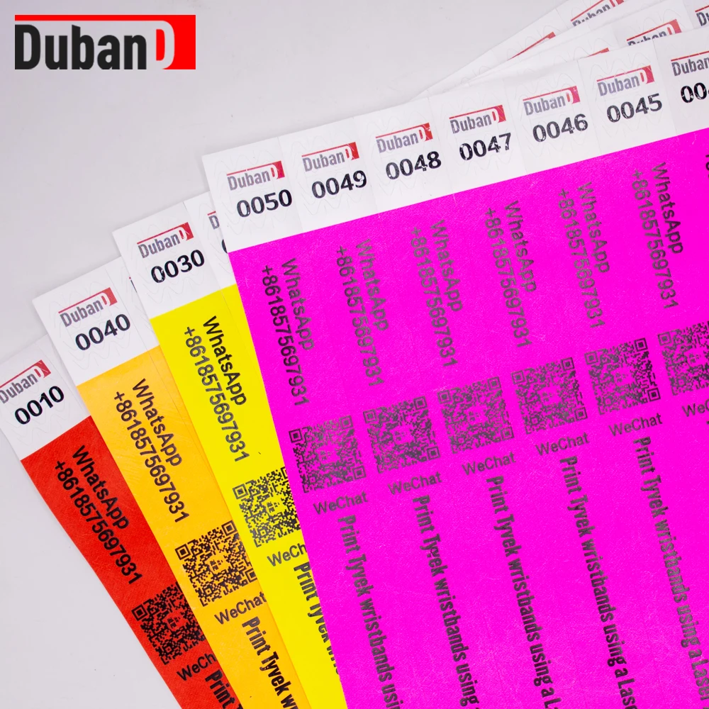 Duband 1000 serial number tyvek colored paper team festival bracelets for events Simple low temperature printing of black logos