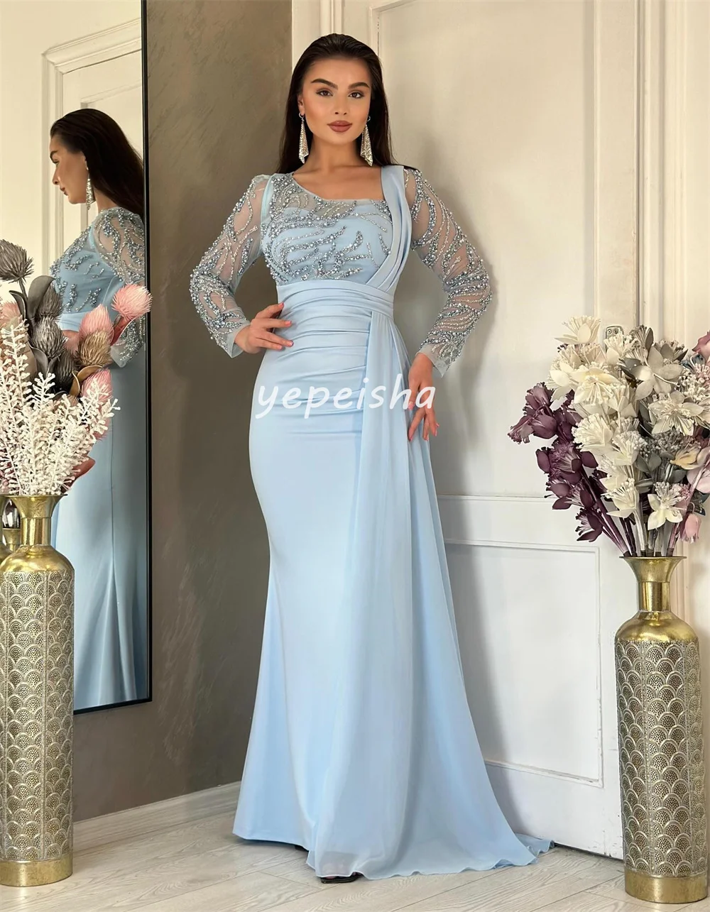 Abiti lunghi con scollo quadrato a sirena con pieghe di perline drappeggiate in chiffon retrò scintillante personalizzato Abiti da cerimonia su misura Pastrol