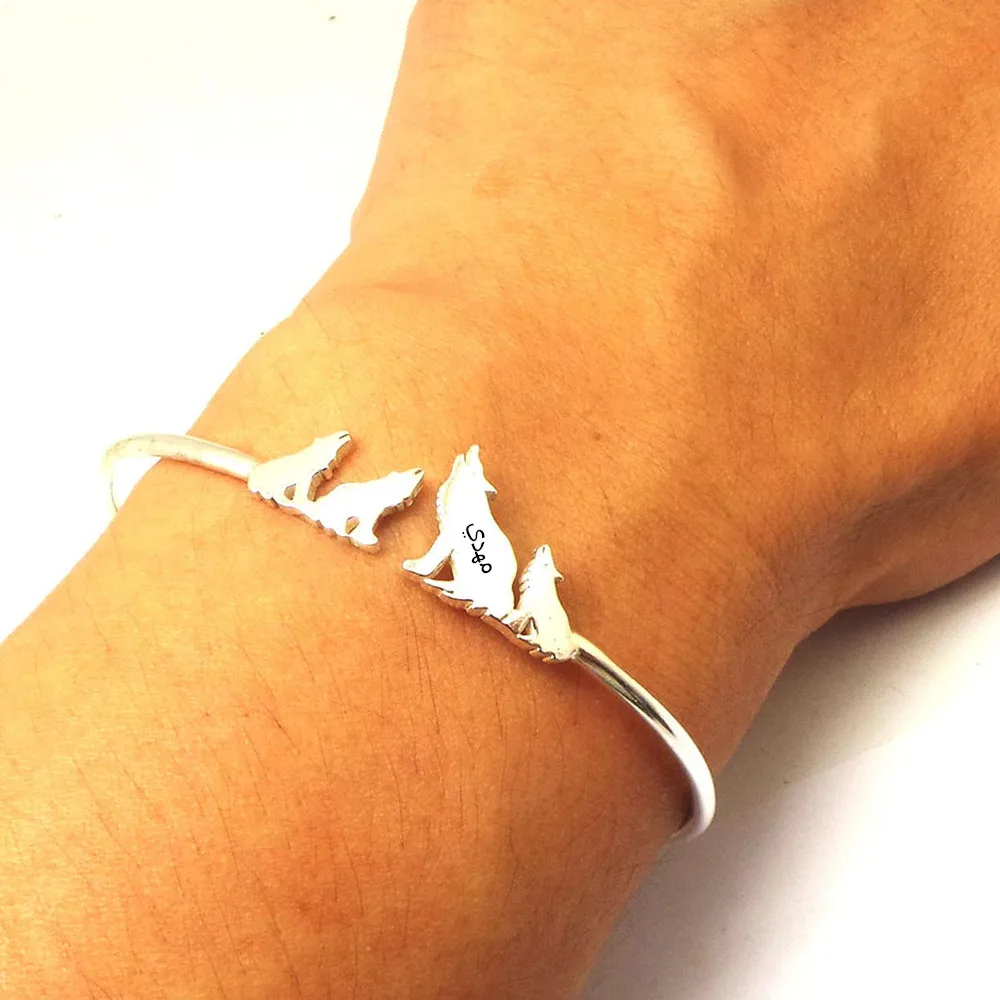 Custom Wolf Cuff Bracelet Women Personalized Family Jewelry Pulsera Stainless Steel Animal Charm Bangles Adjustable Bangles