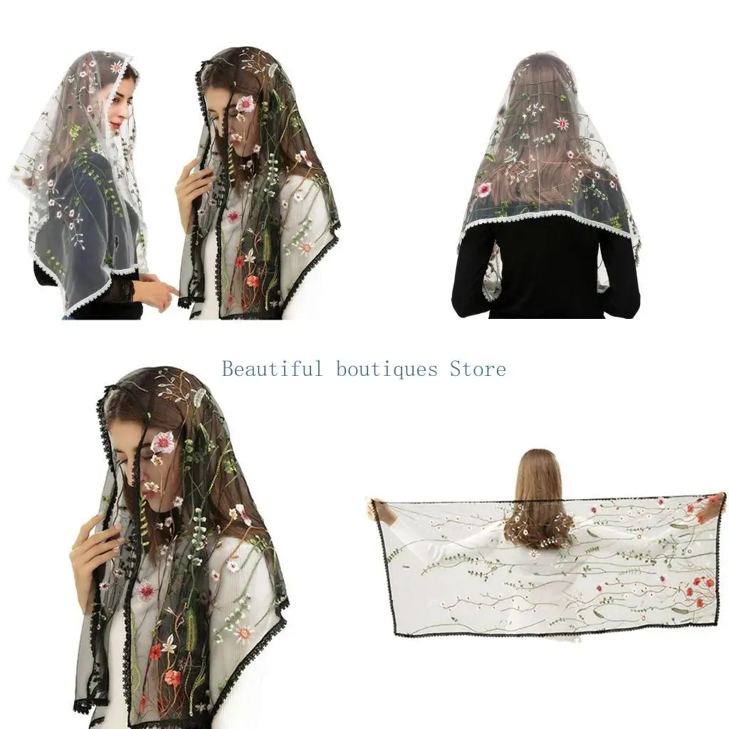 

U4LF Floral sheer Shawl Embroidered Floral Shawl Headscarf Tudung Hijab Headcovering Scarf Church Shawl Wraps For Women
