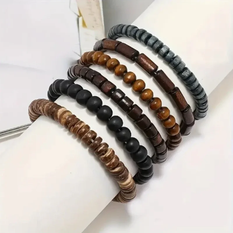 A set of 5 colorful bracelets with wooden bead elastic thread, Bohemian bead innovation, unisex, elegant and fashionable, jewelry bracelet