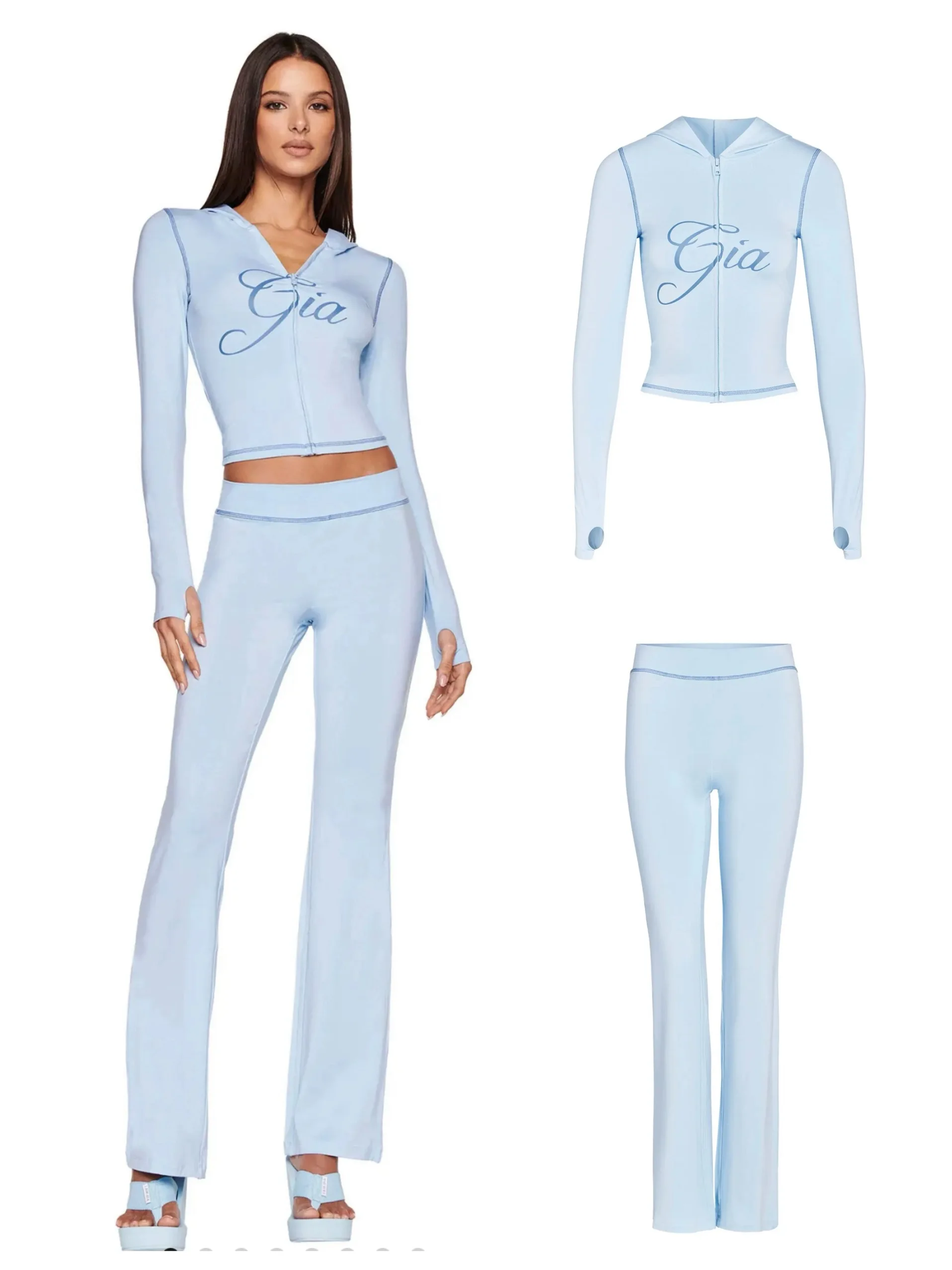 I.AM.GIA blue zip-up cap long sleeve high spring top & low waist micro flared pants