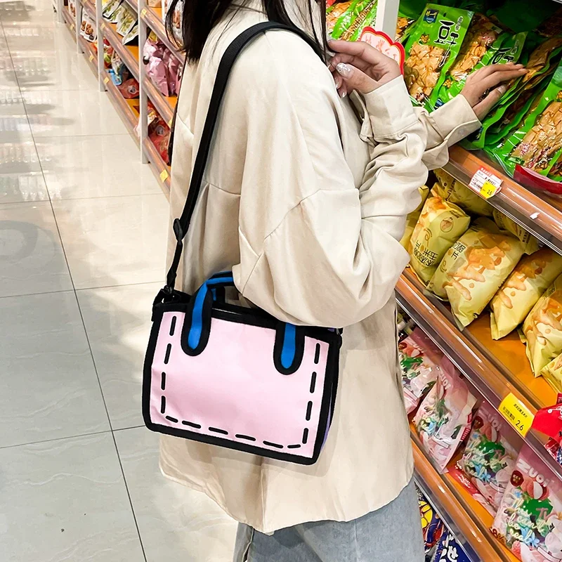 Kadınlar için çizim karikatür çanta naylon bez komik bayanlar Shopper çanta Crossbody çanta asmak çanta 2024 mavi yaratıcı 2D karikatür