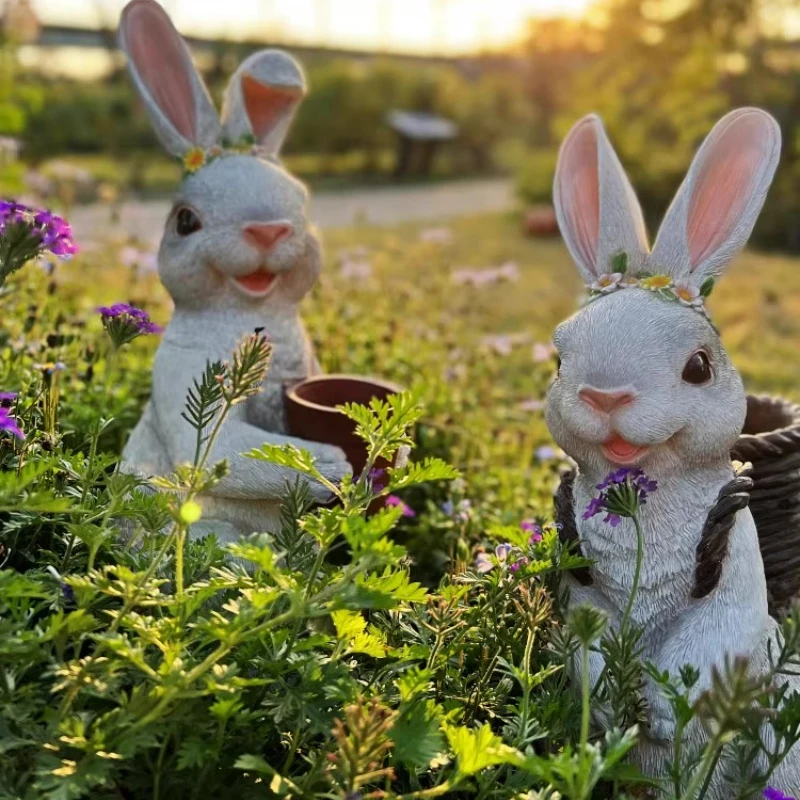 Holding Basin Rabbit Resin Succulent Planter Outdoor Cartoon Rabbit Statue Whimsical Lawn Ornament Weatherproof Yard Art Decor